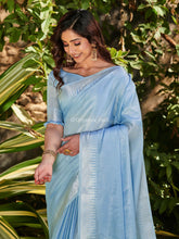 Pure Tissue Linen Sliver Zari Weaves Worked Sapphire Blue  Saree